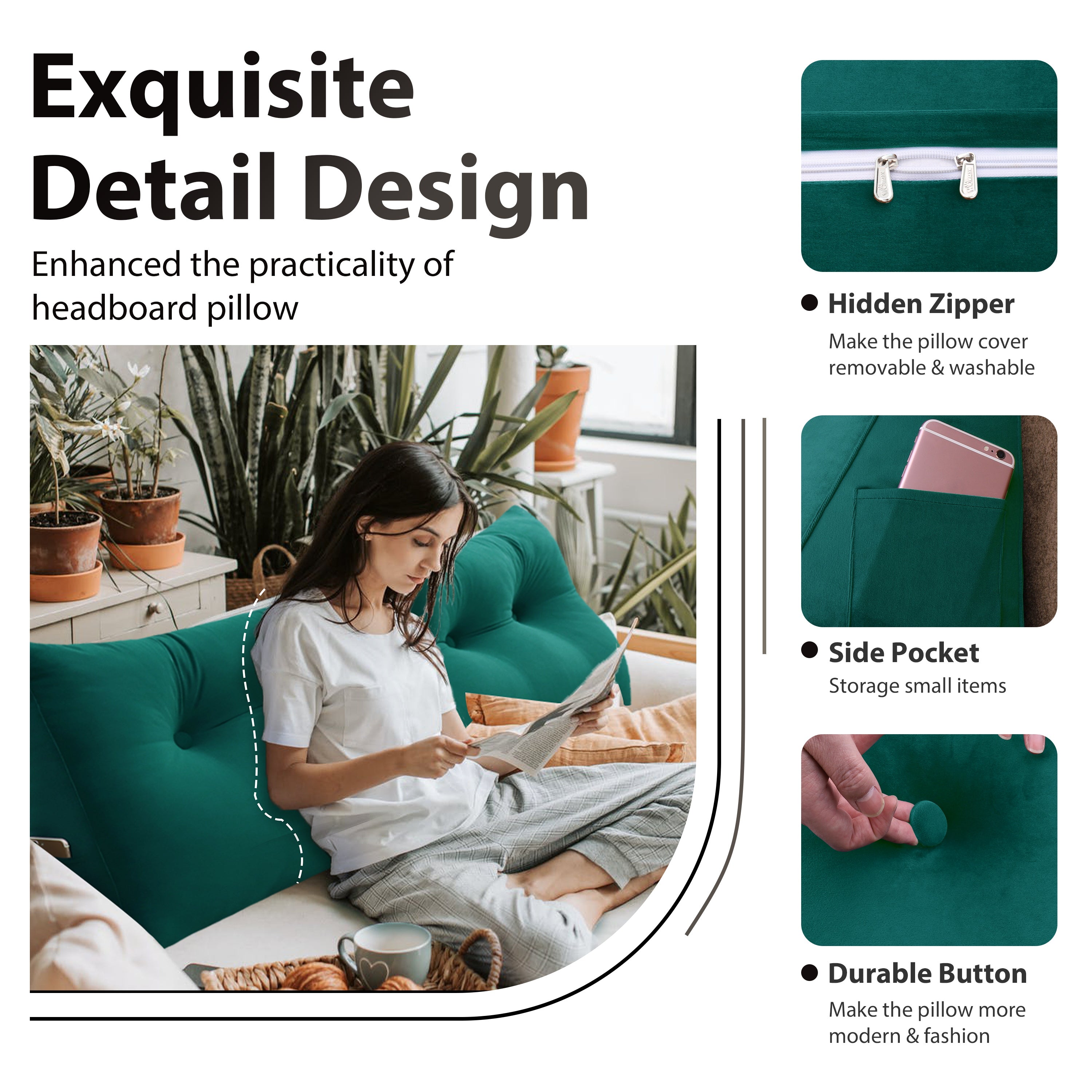 Large Bolster Triangular Backrest Reading Pillow Velvet —Cyan