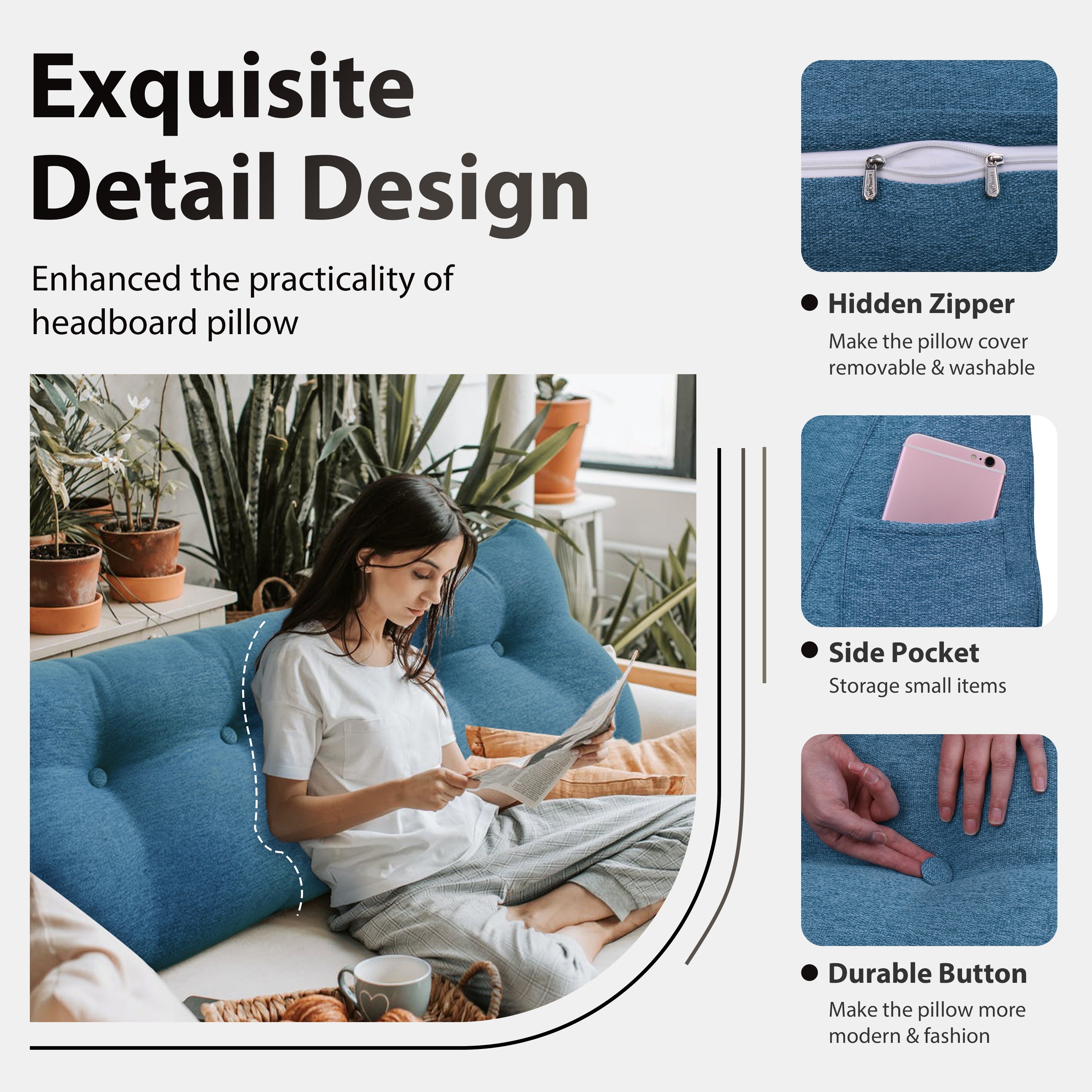 Large Bolster Triangular Backrest Reading Pillow Linen—Blue