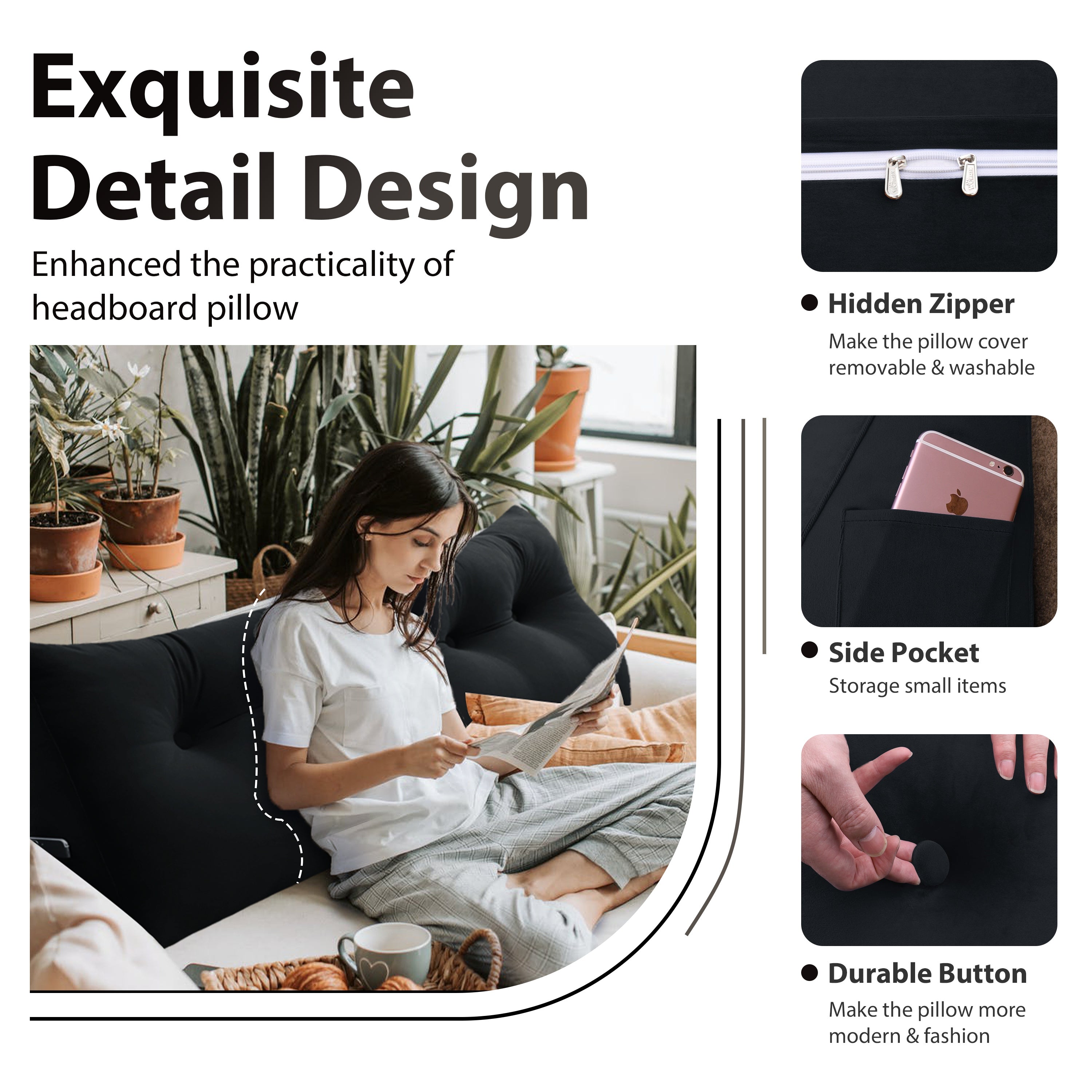 Large Bolster Triangular Backrest Reading Pillow Velvet —Black