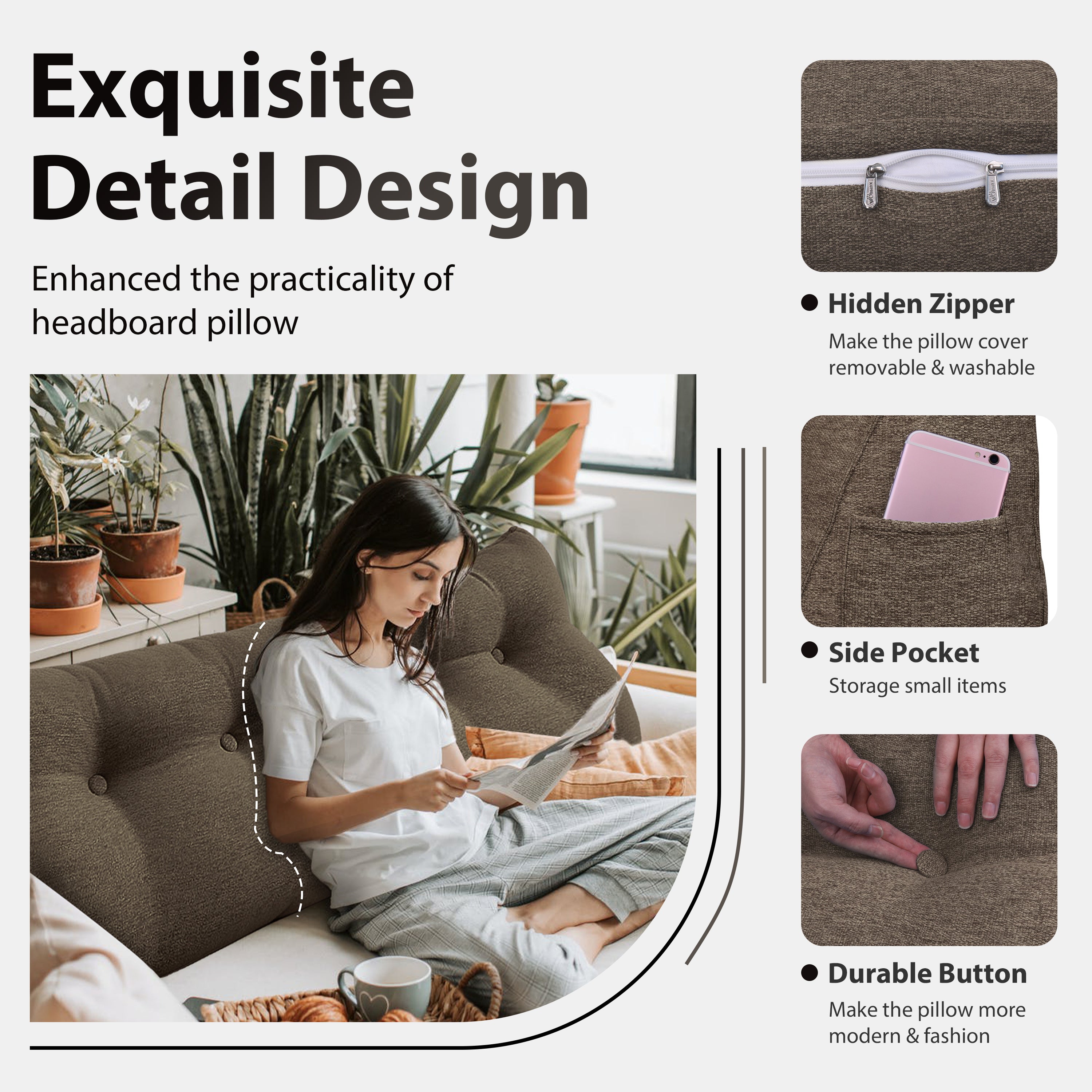 Large Bolster Triangular Backrest Reading Pillow Linen—Coffee