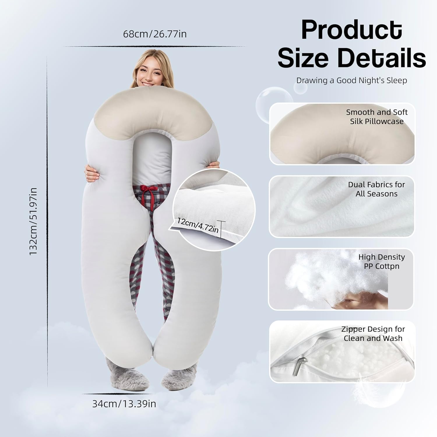 U Shaped Pregnancy Pillows for Sleeping with Silk Pillowcase