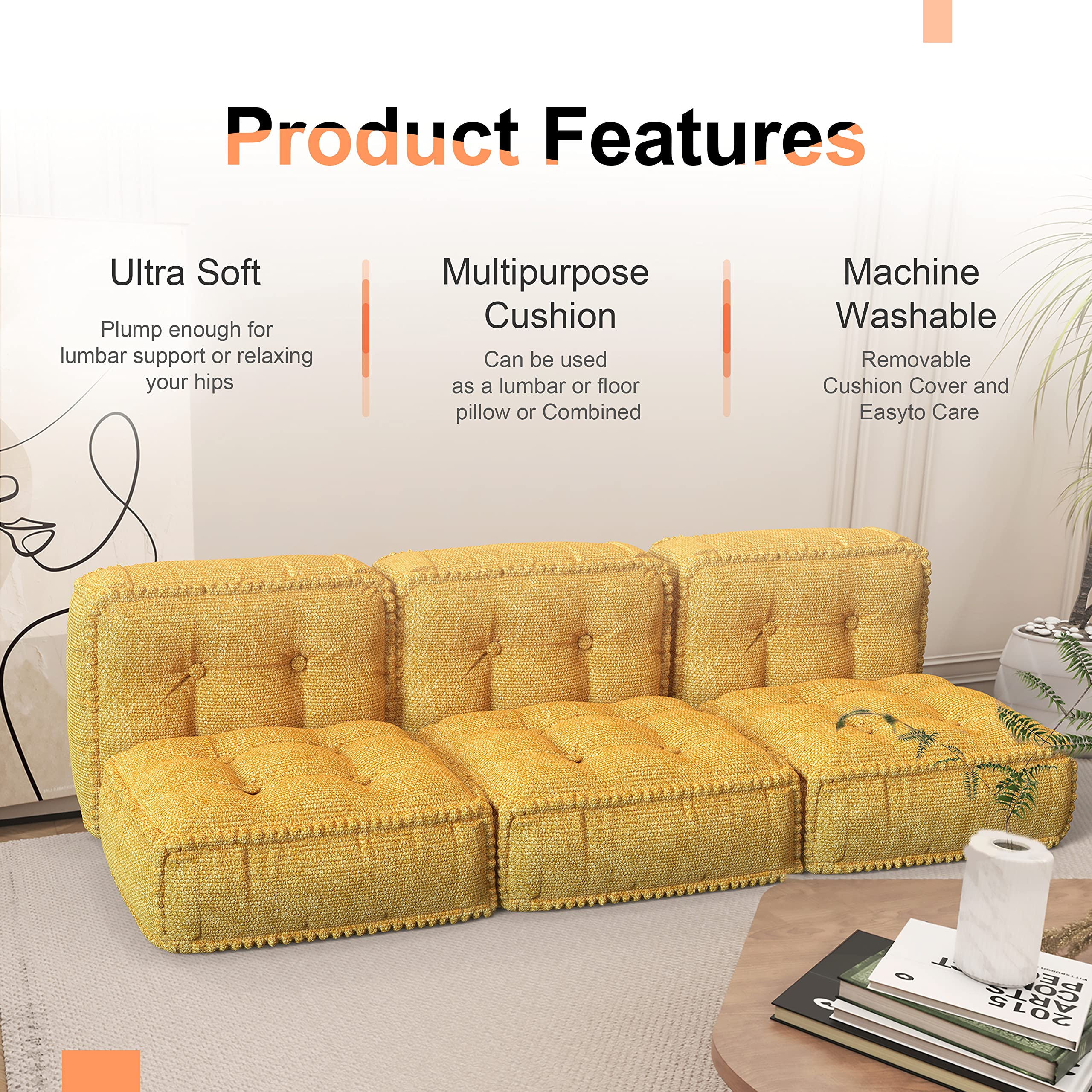 Square Floor Sitting Pillow Linen Yellow