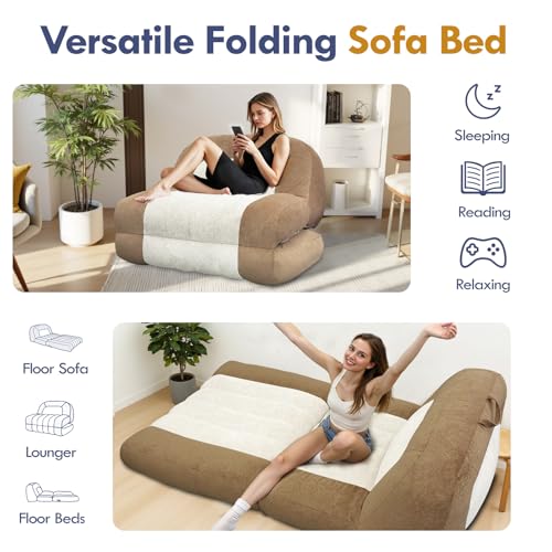 Convertible Sleeper Sofa Bed, Folding Sofa Bed with Handle,Single Floor Couch Sleeper，Cozy Futon Chair for Living Room Bedroom Apartment, Brown