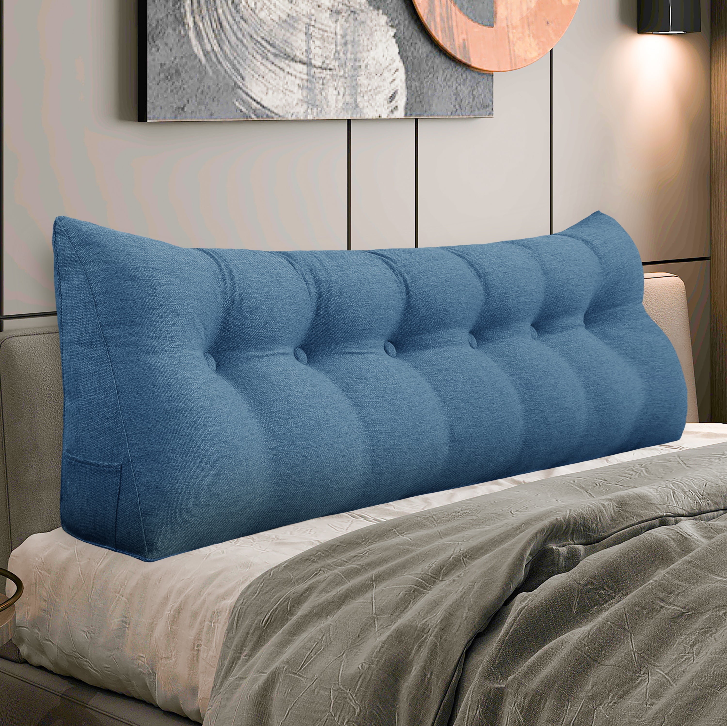 Large Bolster Triangular Backrest Reading Pillow Linen—Blue