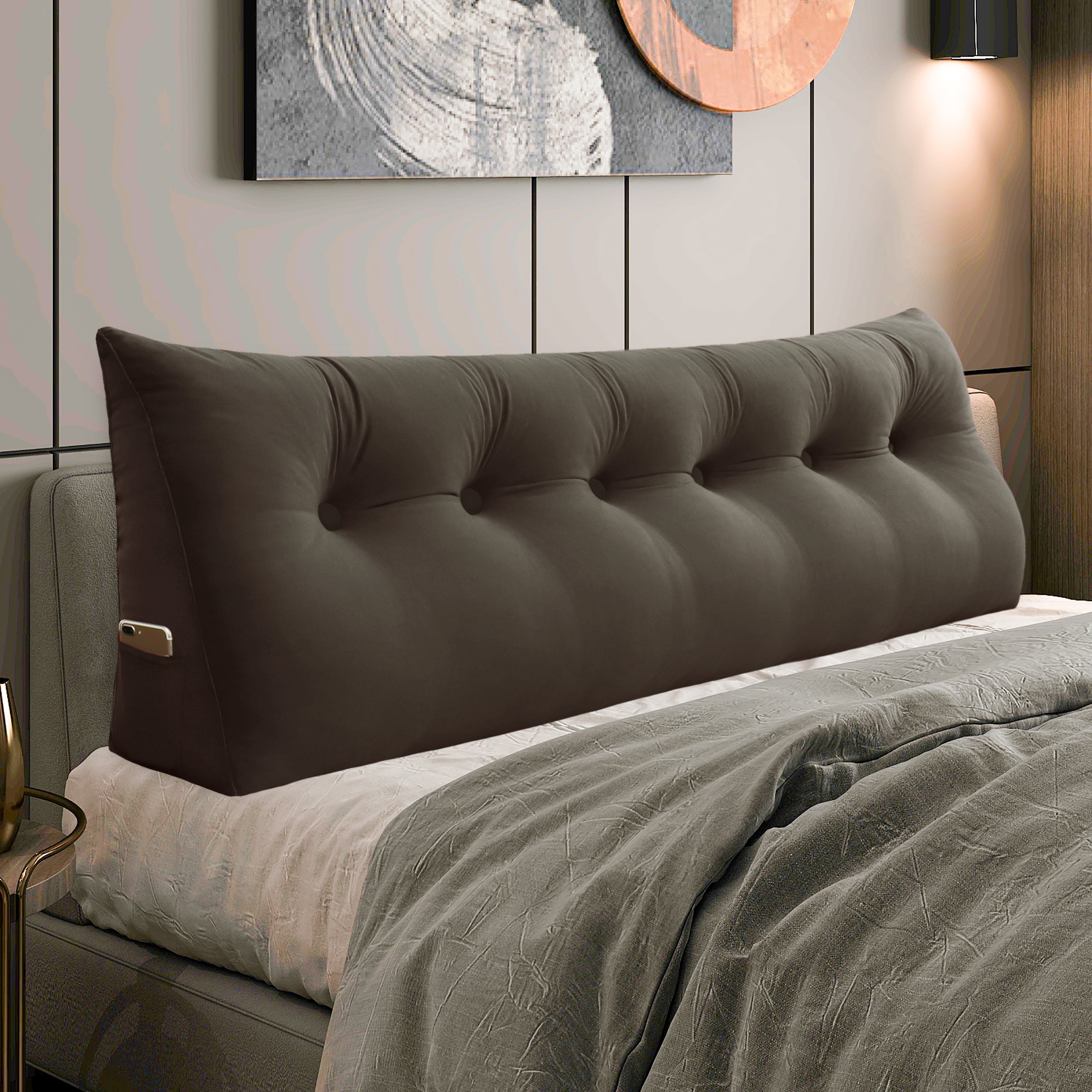 Large Bolster Triangular Backrest Reading Pillow Velvet —Coffee