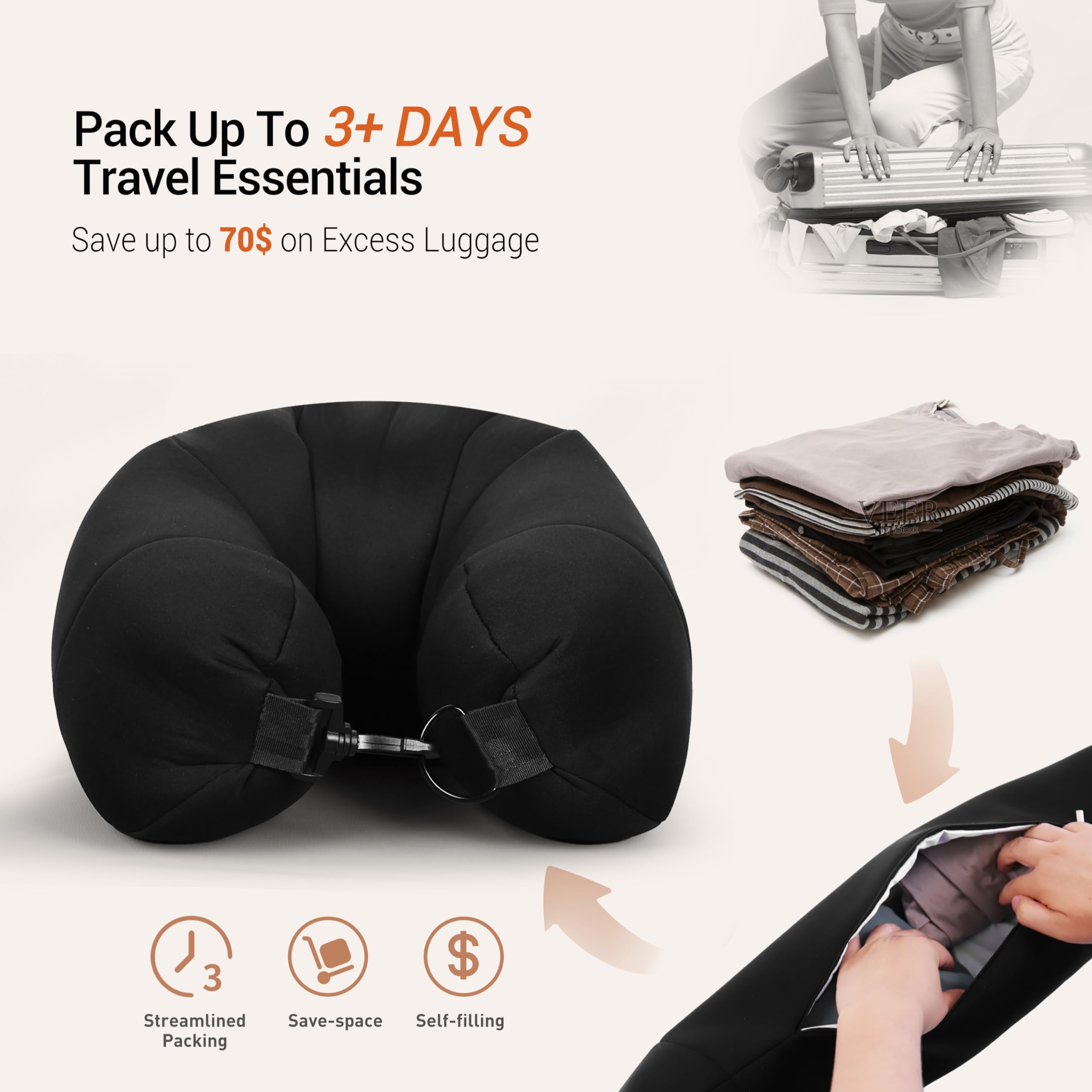 3 in 1 Portable Travel Pillow - Stuffable with Clothes, Holds Travel Essentials