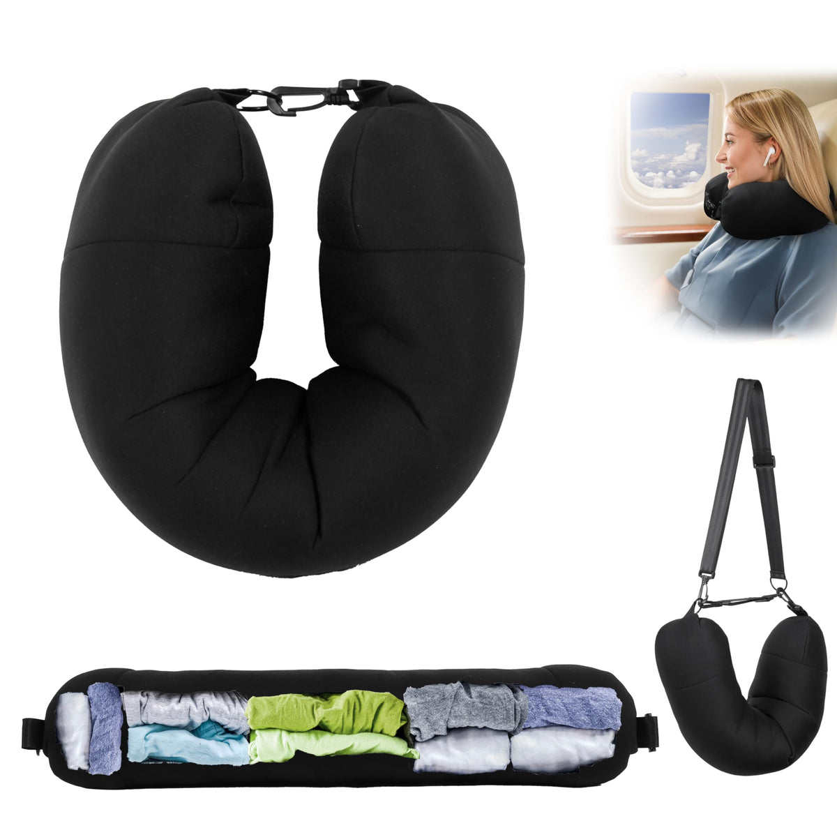 3 in 1 Portable Travel Pillow - Stuffable with Clothes, Holds Travel Essentials