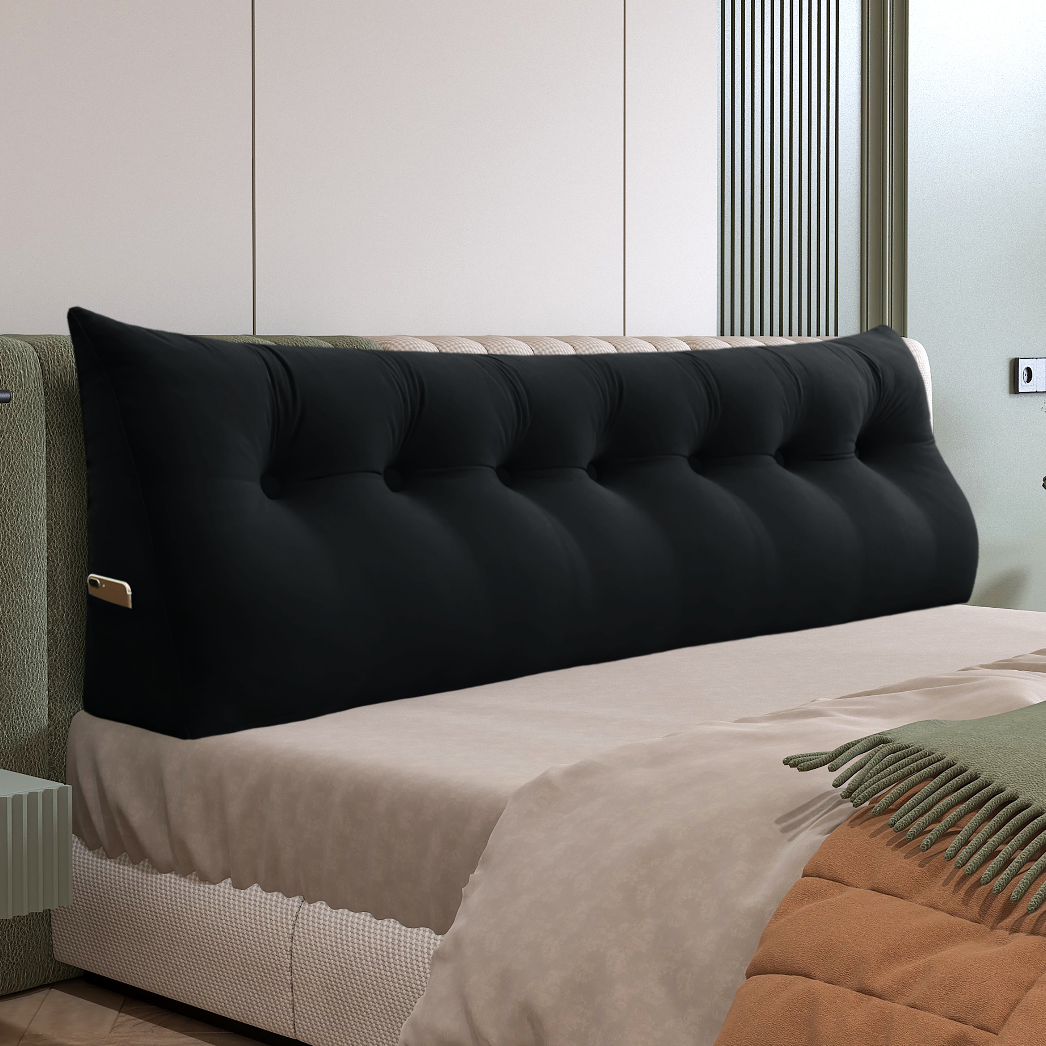 Large Bolster Triangular Backrest Reading Pillow Velvet —Black