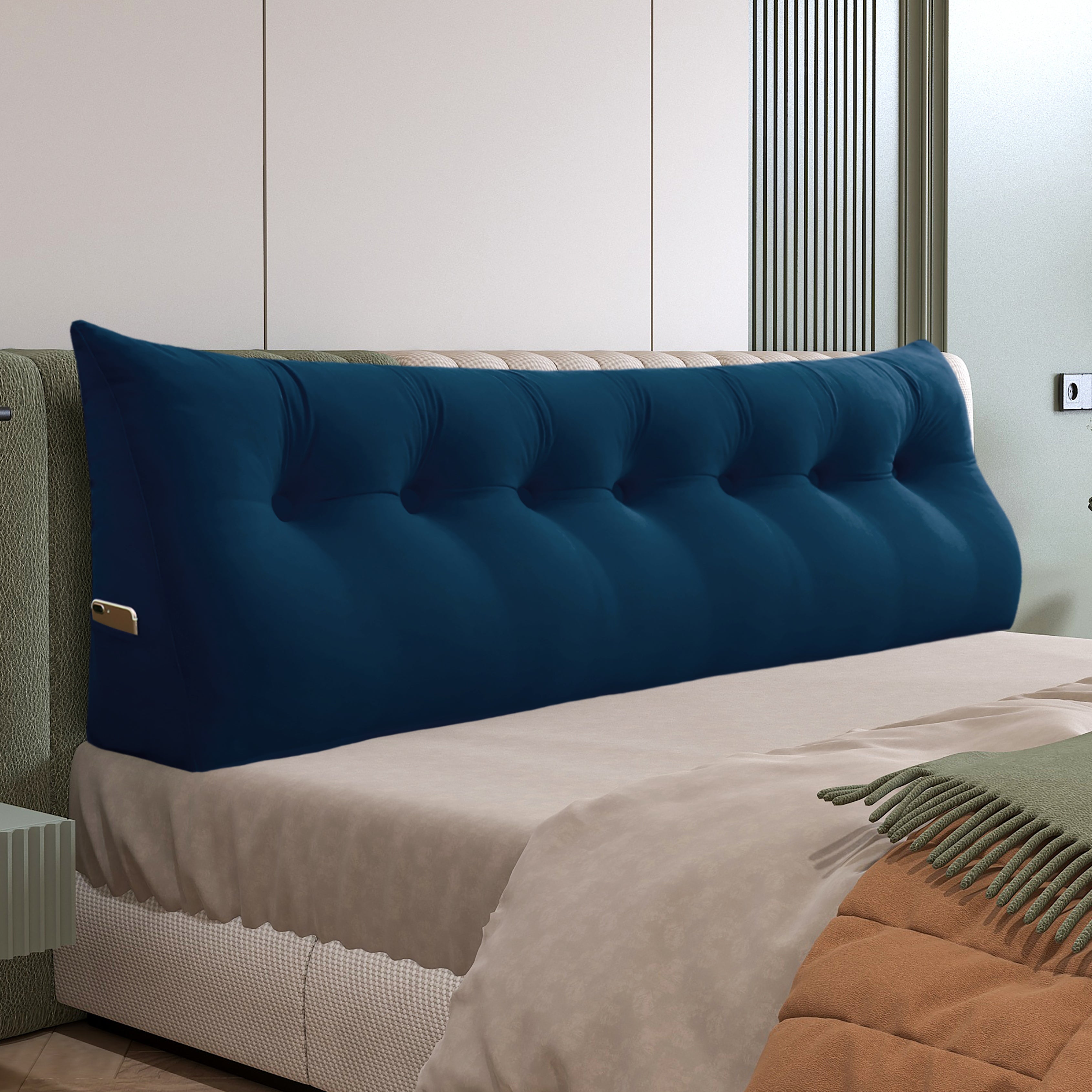 Large Bolster Triangular Backrest Reading Pillow Velvet—Deep Blue