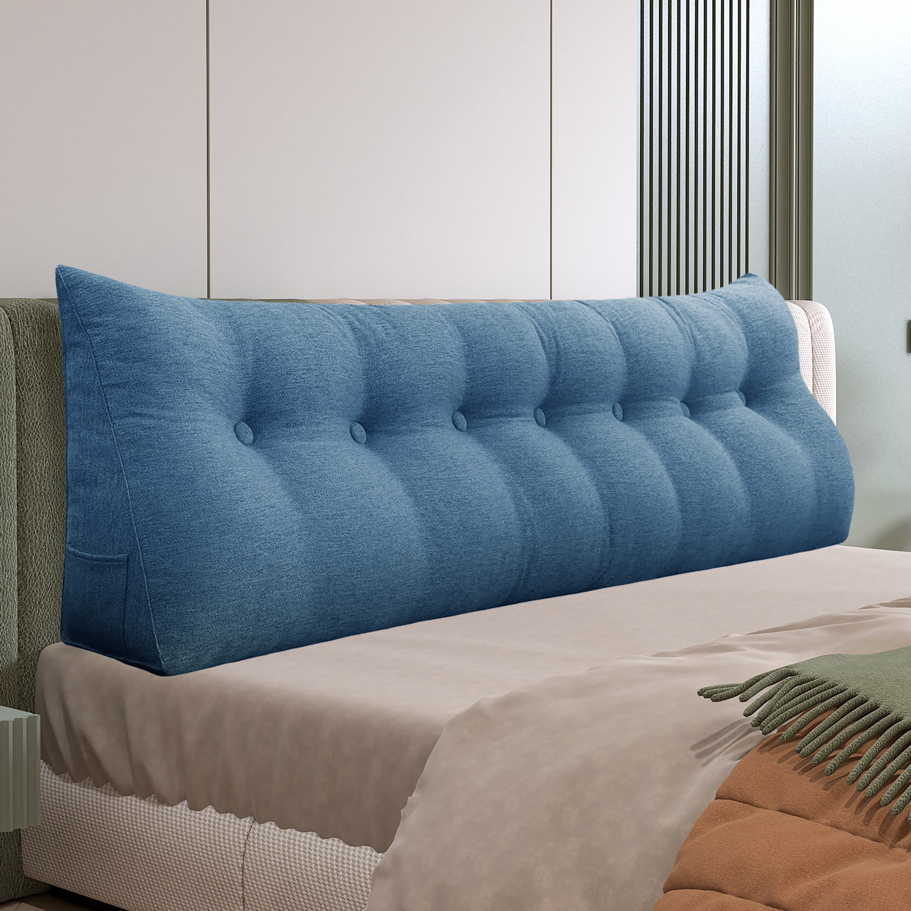 Large Bolster Triangular Backrest Reading Pillow Linen—Blue
