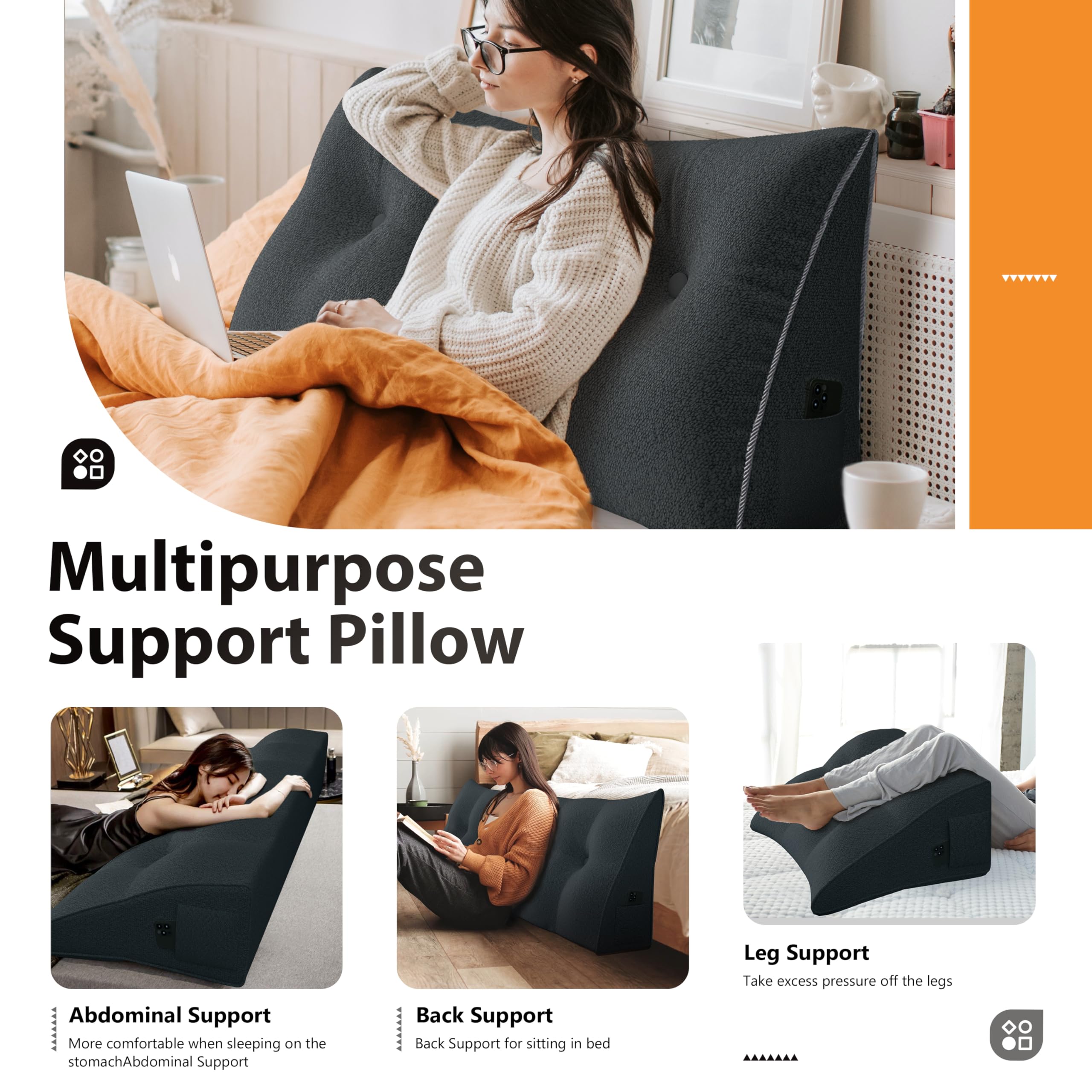 Large Wedge Headboard Backrest Reading Pillow — Deep Grey