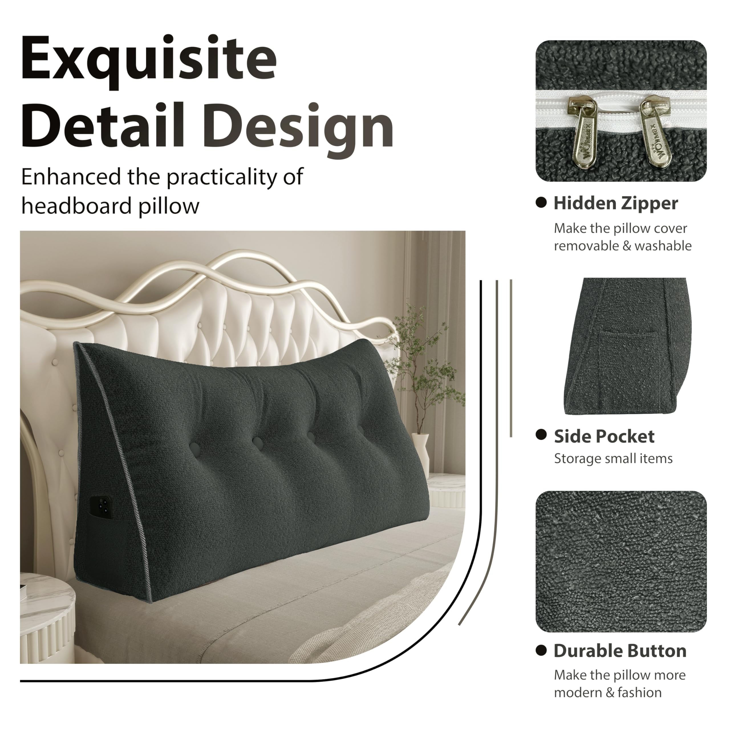 Large Wedge Headboard Backrest Reading Pillow — Deep Grey