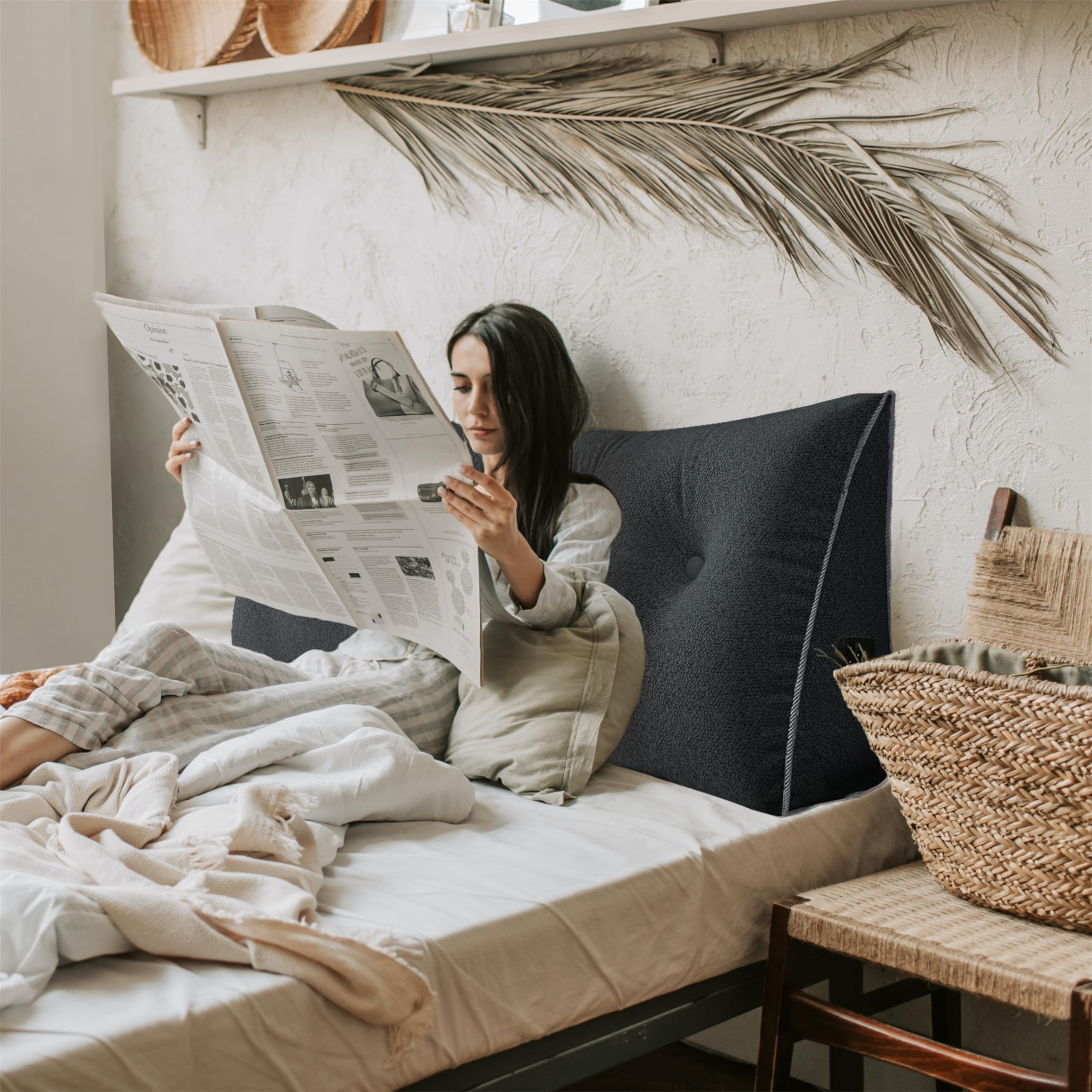 Large Wedge Headboard Backrest Reading Pillow — Deep Grey