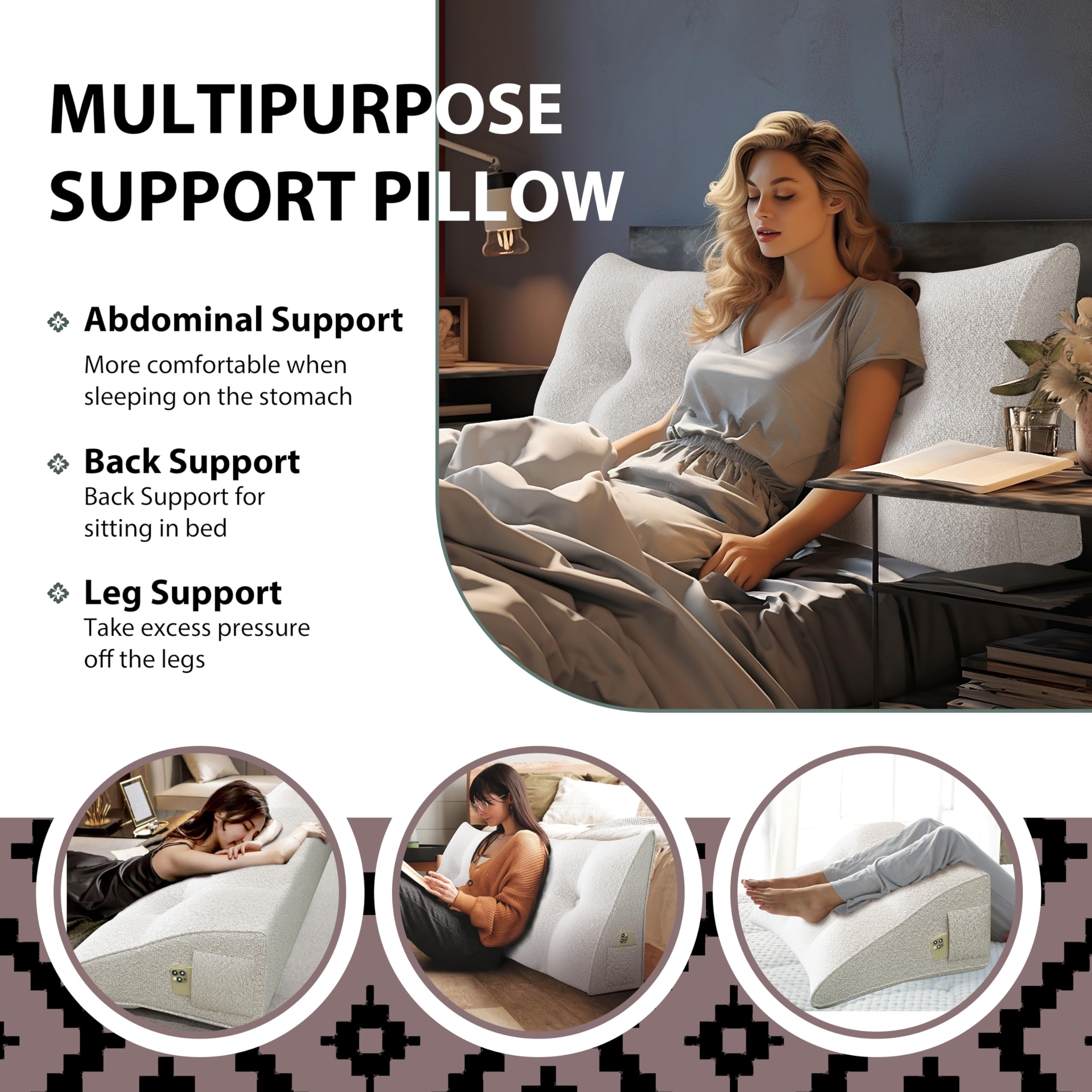 Large Wedge Headboard Backrest Reading Pillow — Flower White
