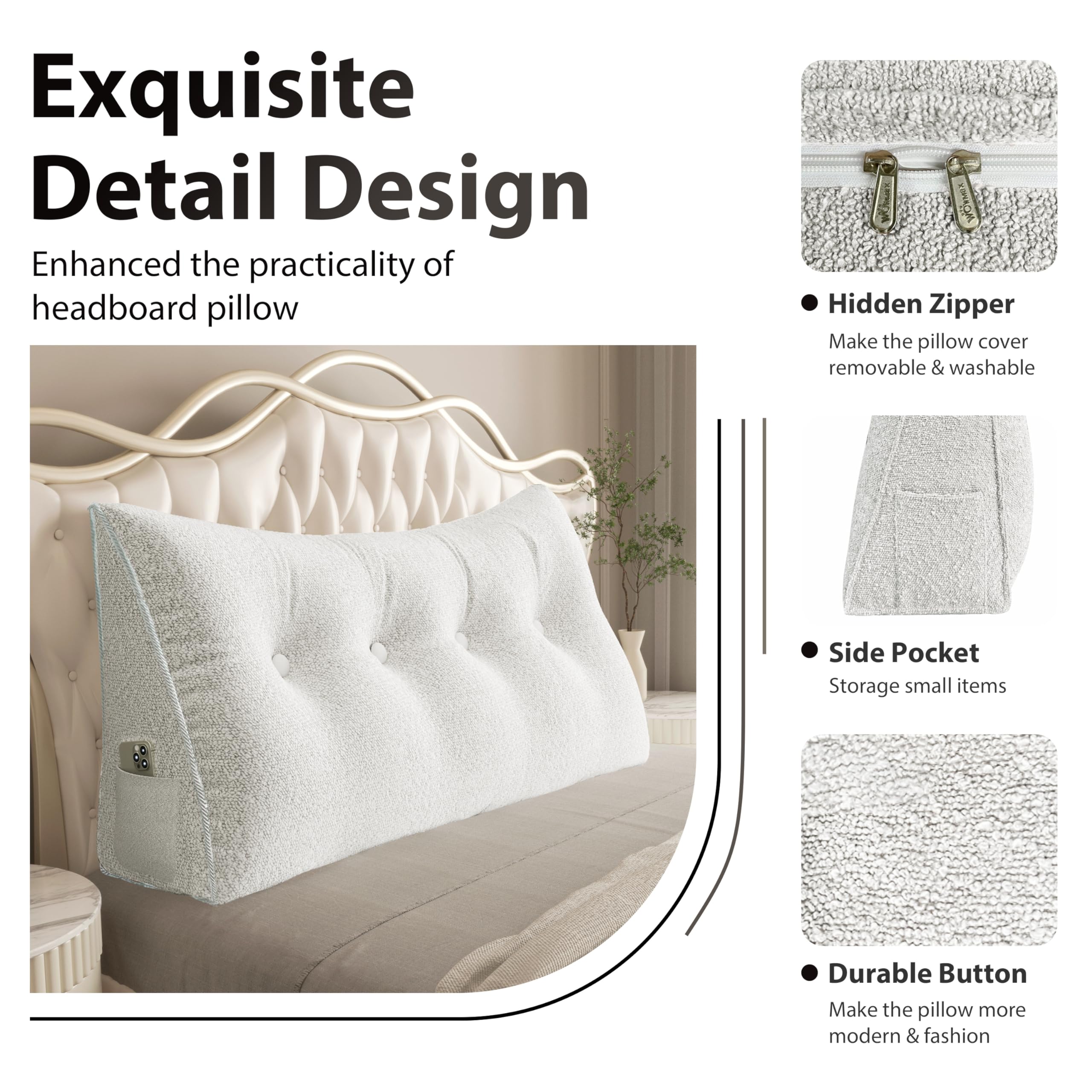 Large Wedge Headboard Backrest Reading Pillow — Flower White