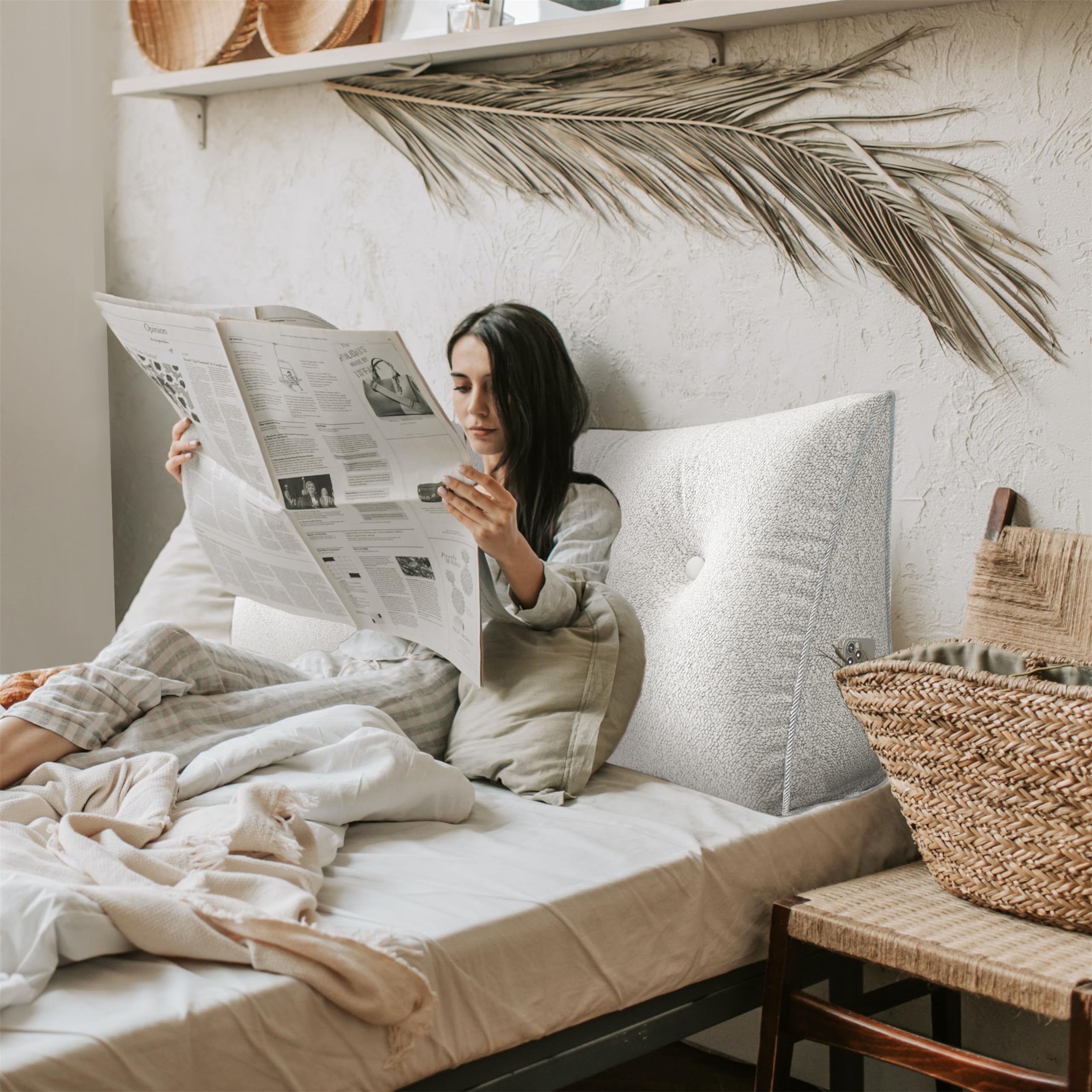 Large Wedge Headboard Backrest Reading Pillow — Flower White