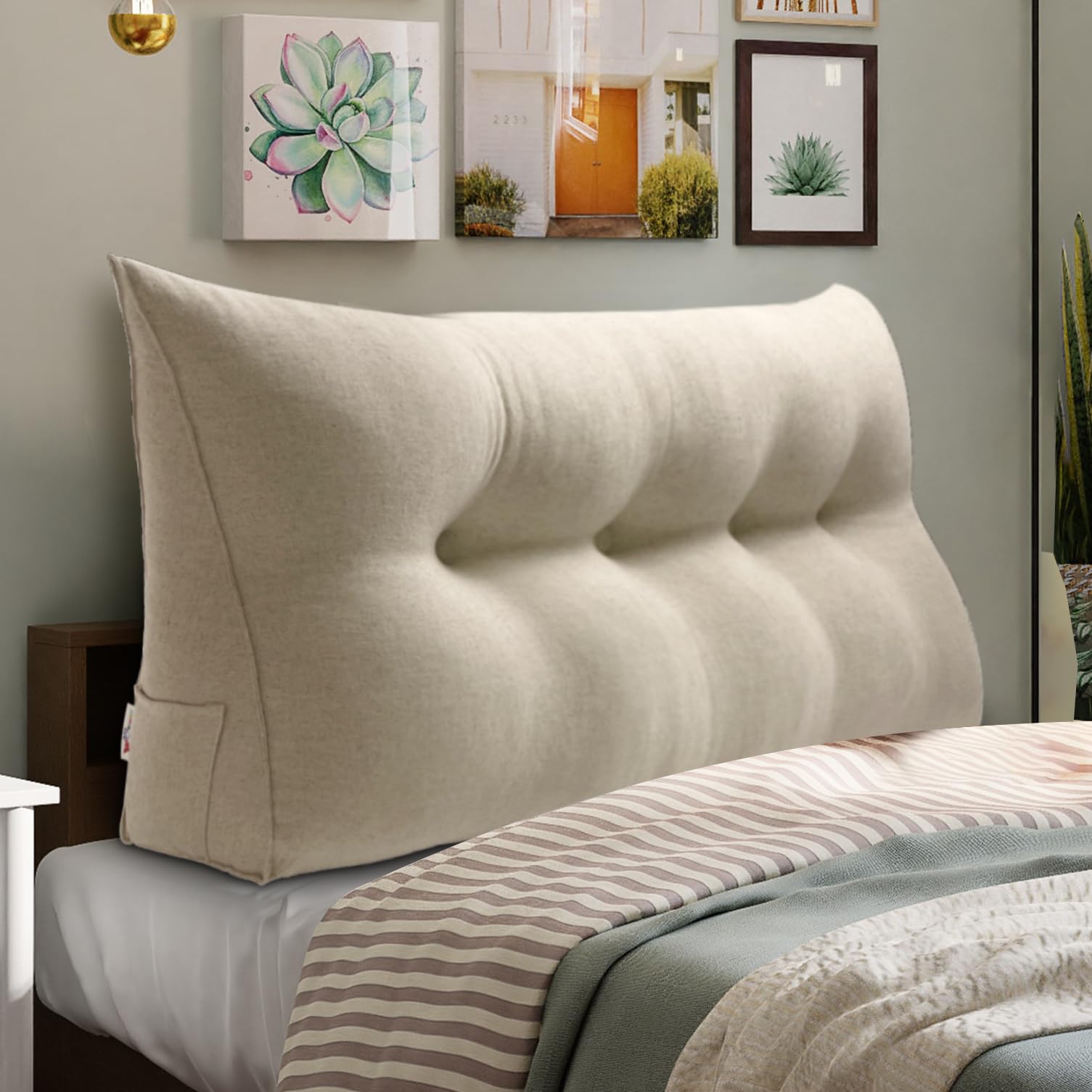 Triangular Headboard Pillow with Removable 85% Linen 15% Cotton Blend Cover——Natural