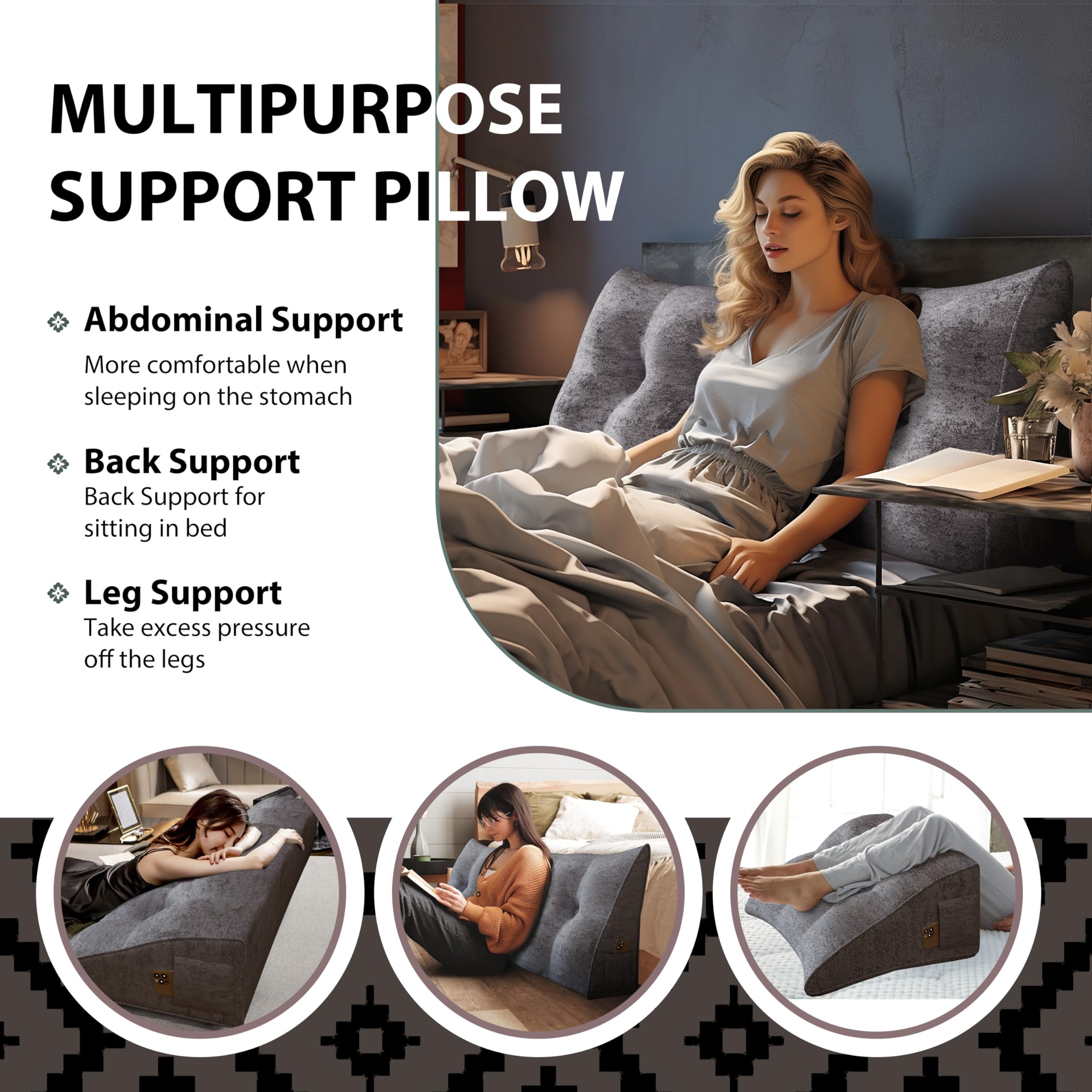 Large Wedge Headboard Backrest Reading Pillow — Light Grey