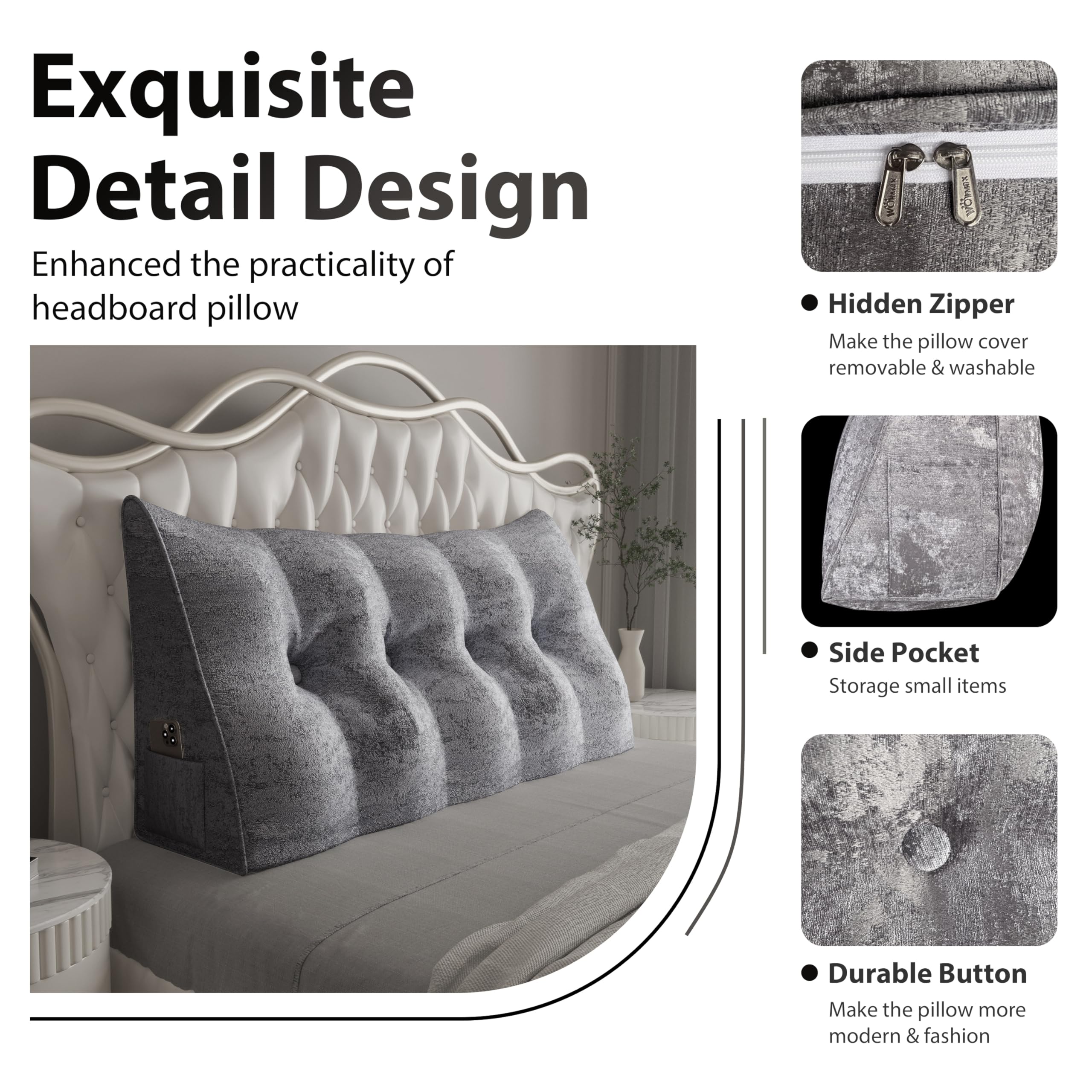 Large Wedge Headboard Backrest Reading Pillow — Light Grey