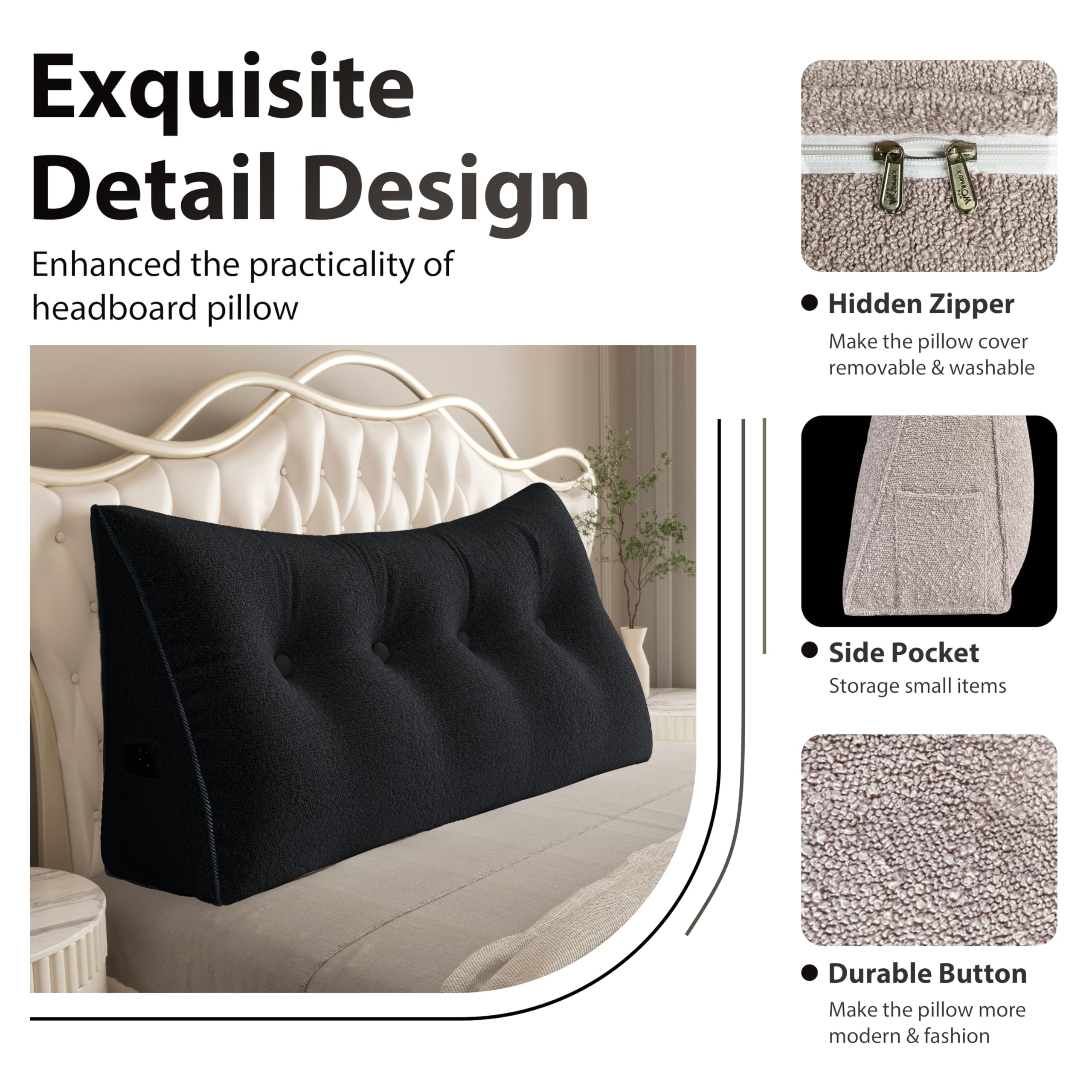 Large Wedge Headboard Backrest Reading Pillow — Secret Black