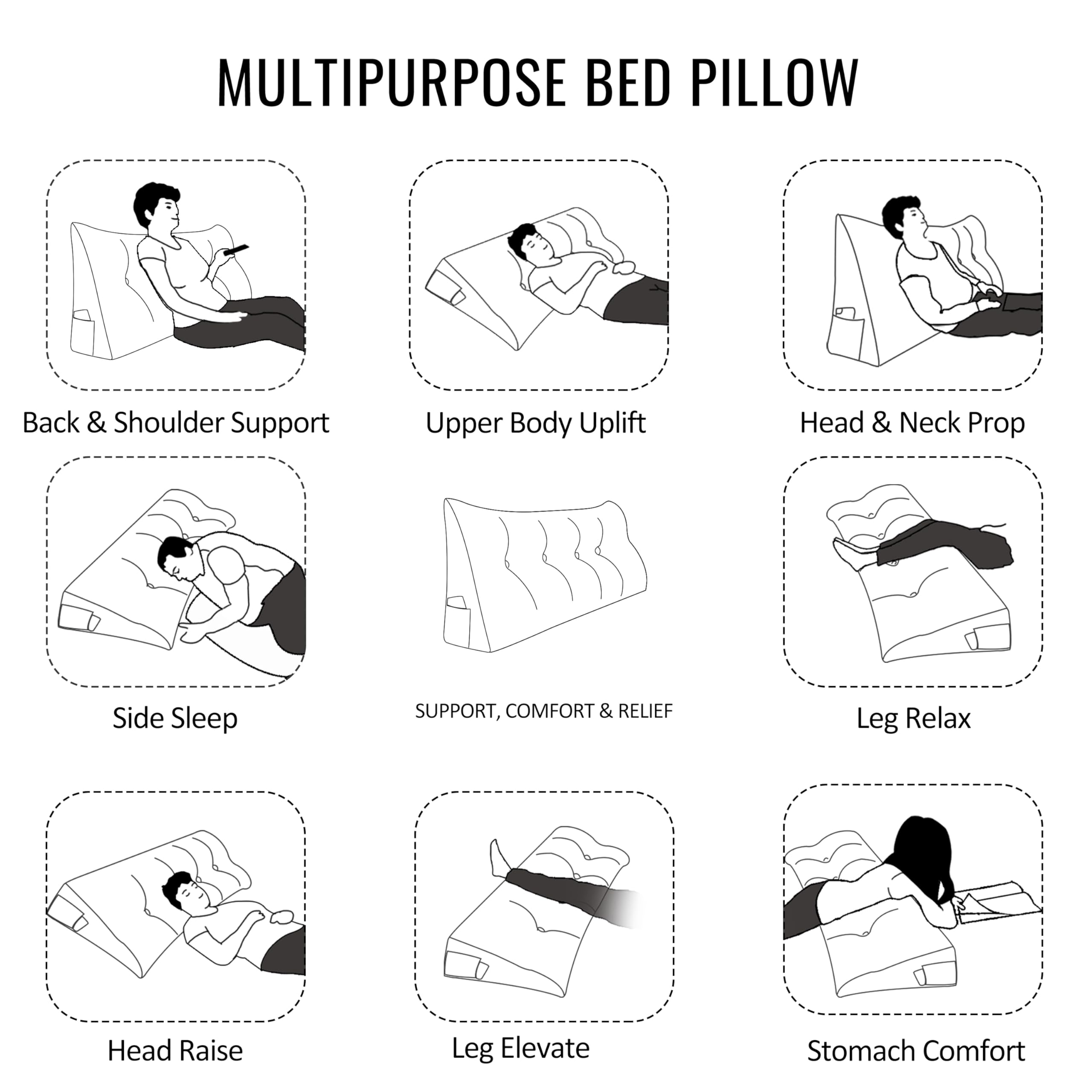 Large Wedge Headboard Backrest Reading Pillow — Secret Black
