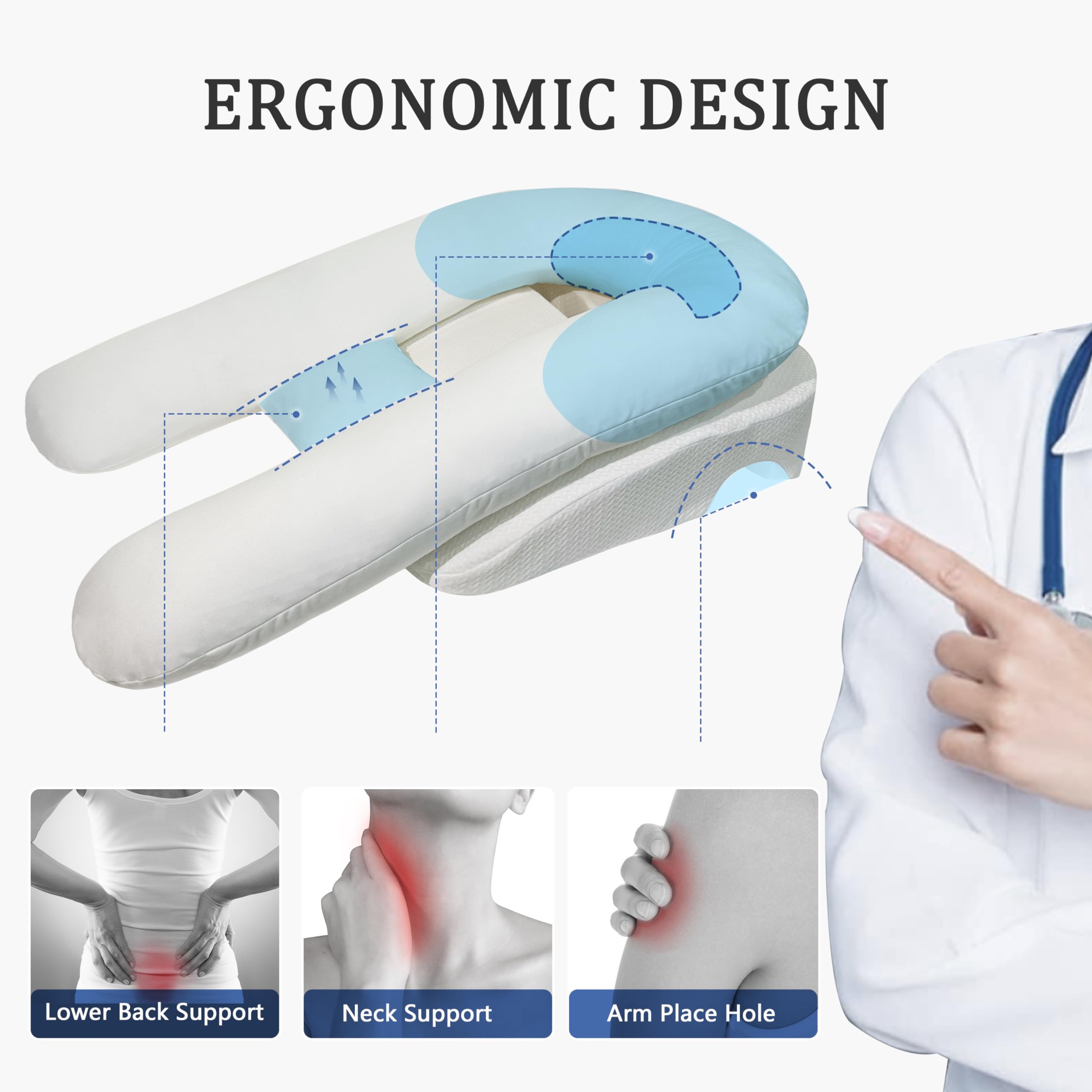 Large U-Shaped Ergonomic Side Sleeper Pillow with Arm Hole