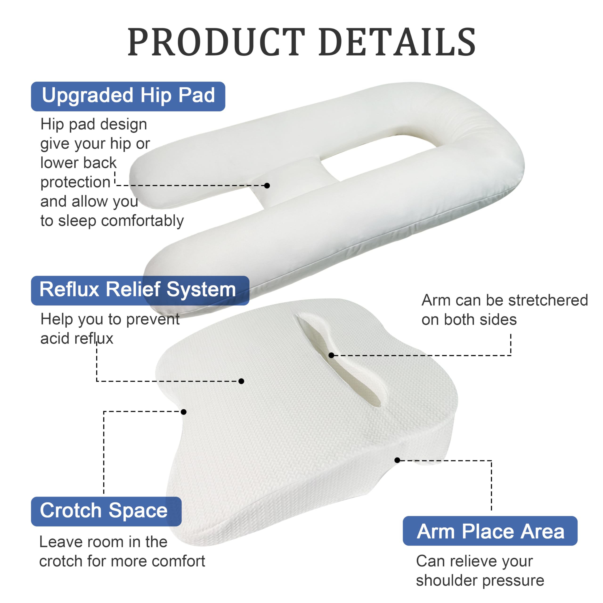 Large U-Shaped Ergonomic Side Sleeper Pillow with Arm Hole