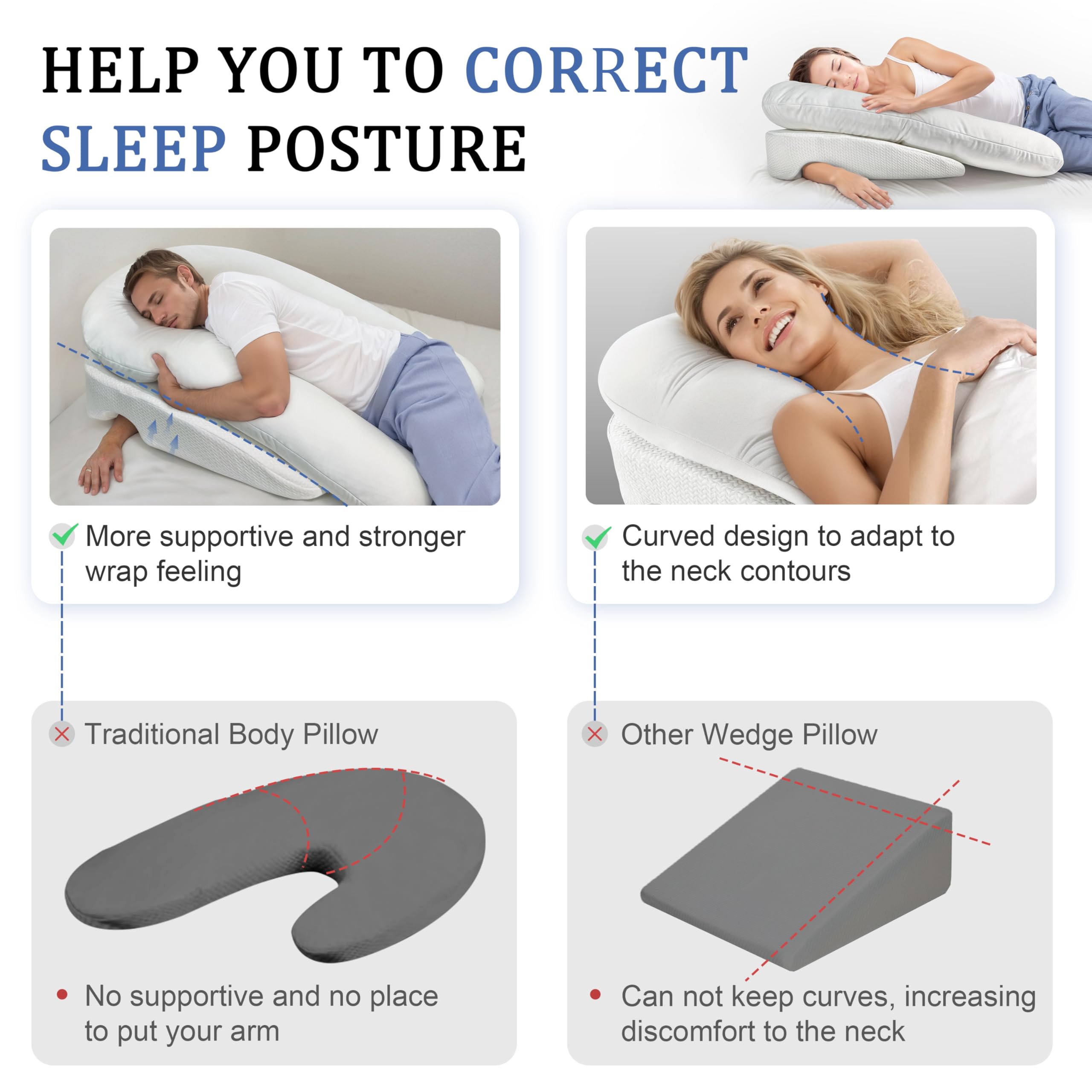 Large U-Shaped Ergonomic Side Sleeper Pillow with Arm Hole