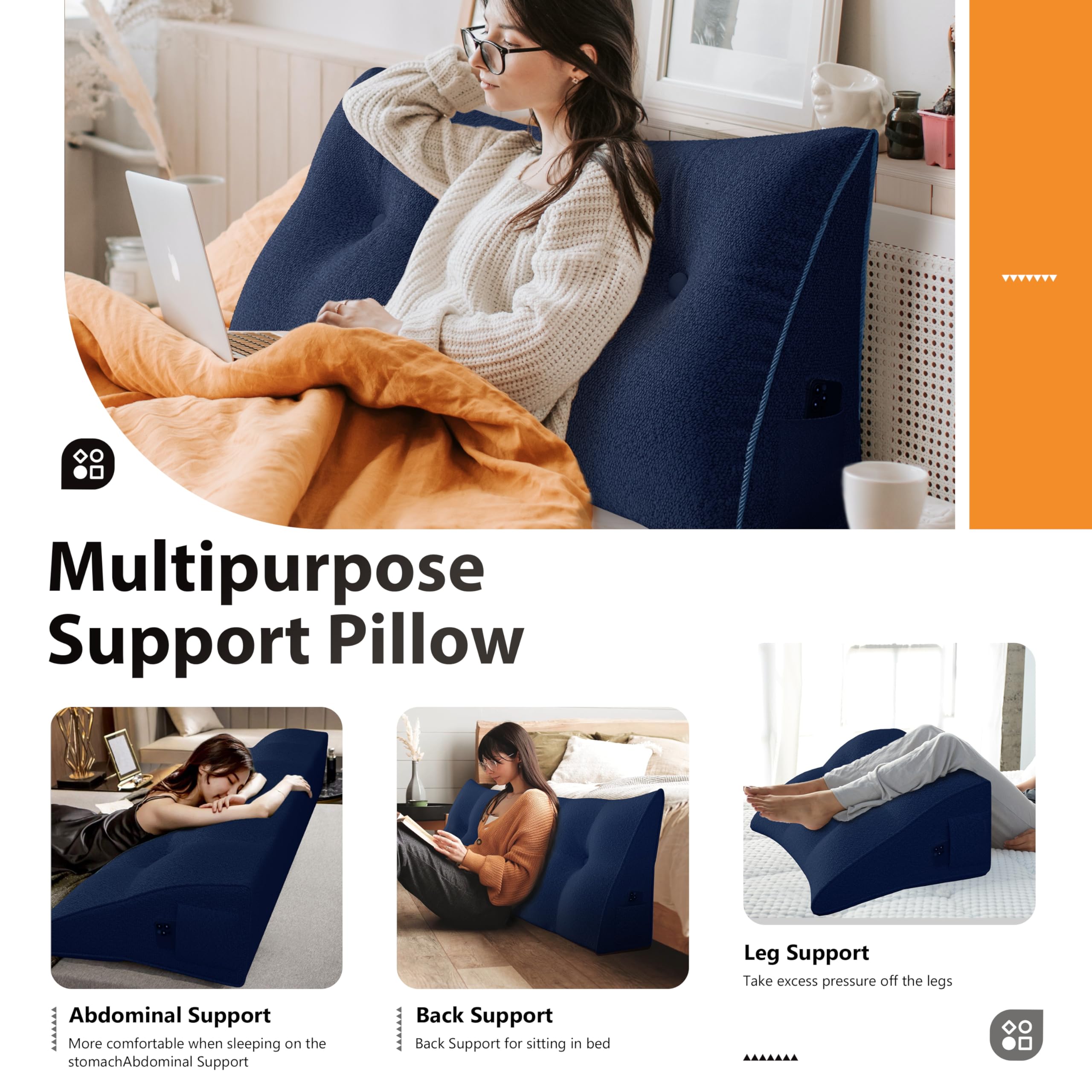 Large Wedge Headboard Backrest Reading Pillow — Silent Blue