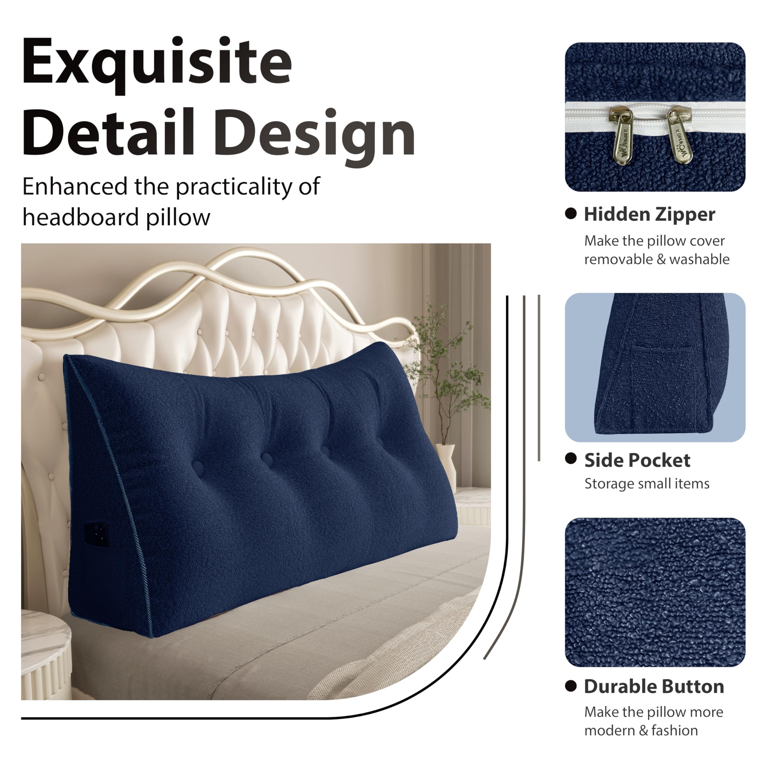Large Wedge Headboard Backrest Reading Pillow — Silent Blue