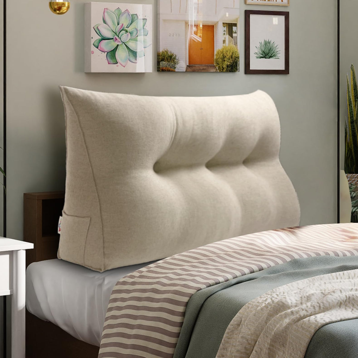 Triangular Headboard Pillow with Removable 85% Linen 15% Cotton Blend Cover——Natural